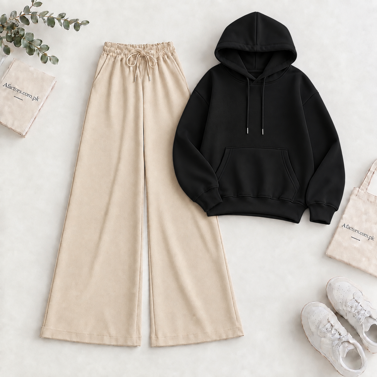 Black Hoodie & Beige Flapper Trouser Tracksuit