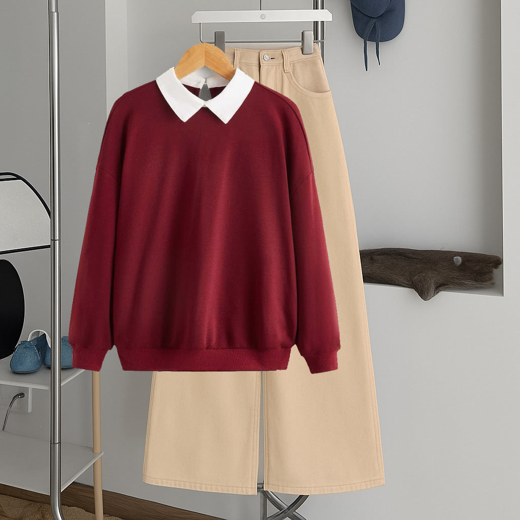 Maroon Collar Sweatshirt with Skin  Wide-Leg Jeans – Premium Casual Wear