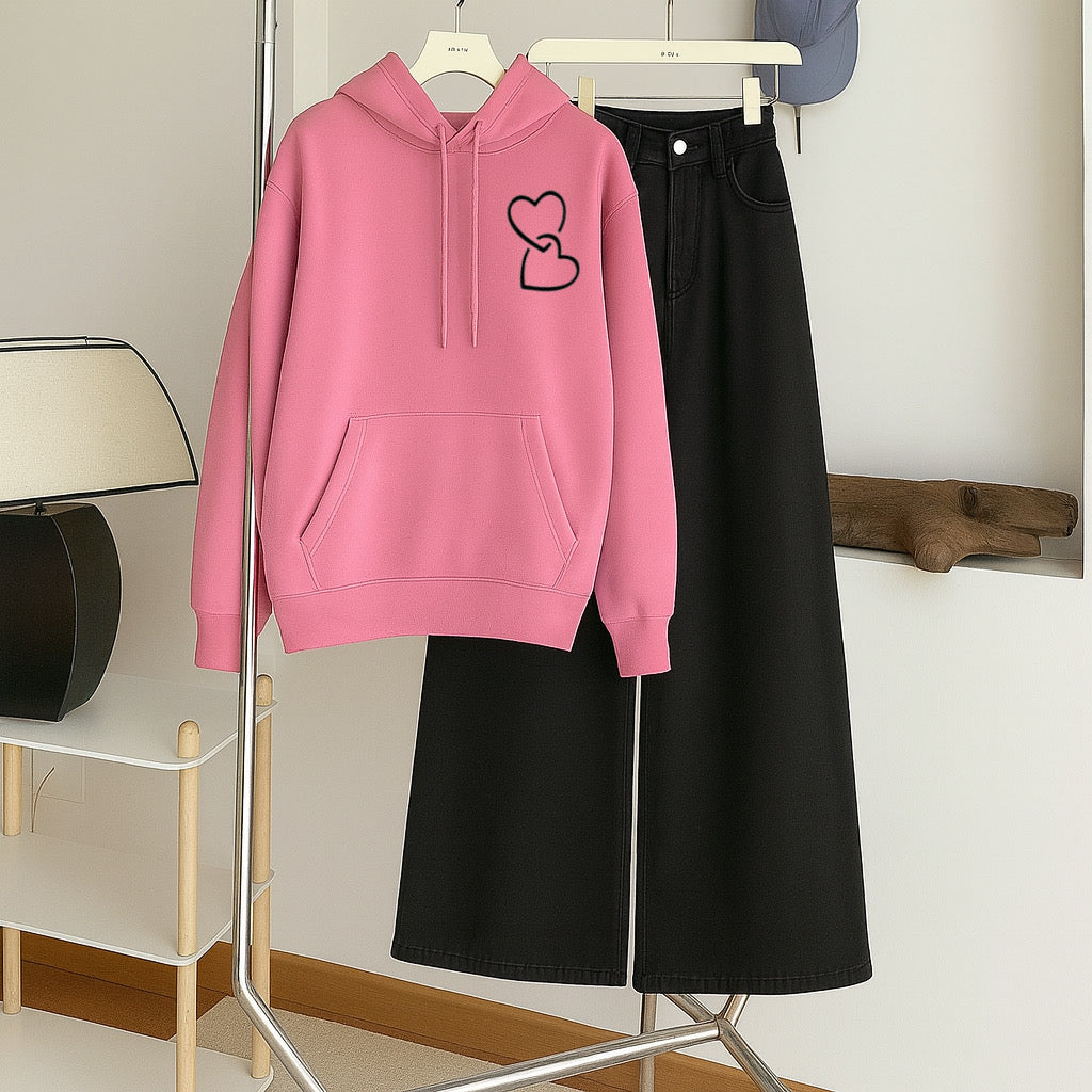 Pink hoodie twin heart With Black wide leg jeans