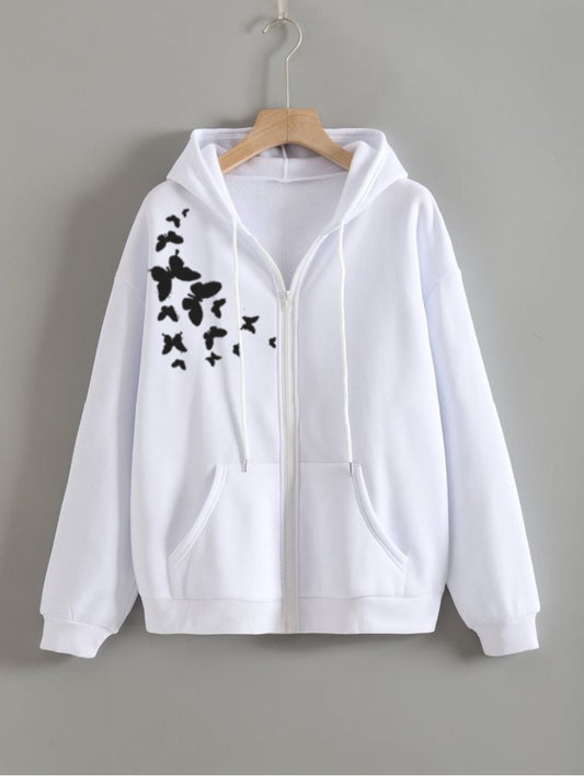 Shoulder butterfly white zipper Hoodie