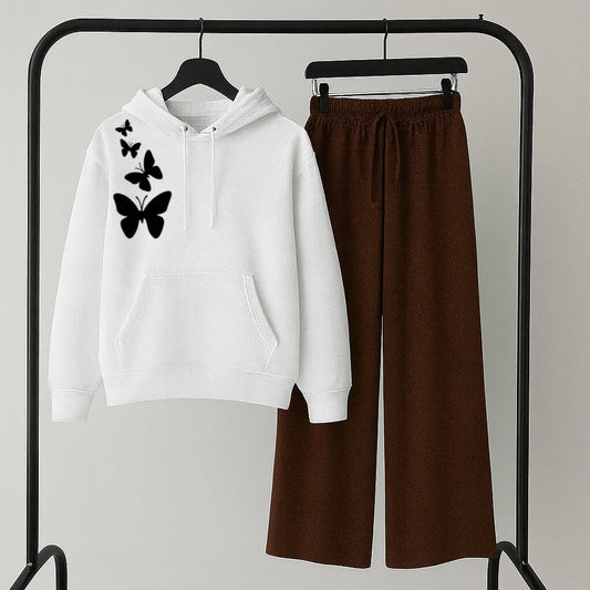 Pack of 2 shoulder butterfly white hoodie with Brown Flapper Trouser