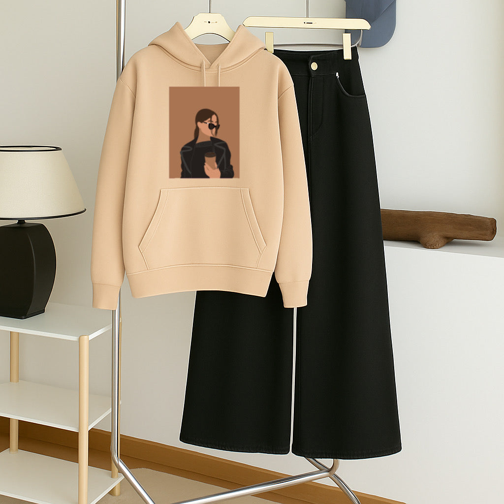 Coffee girl Skin hoodie with Black wide leg jeans