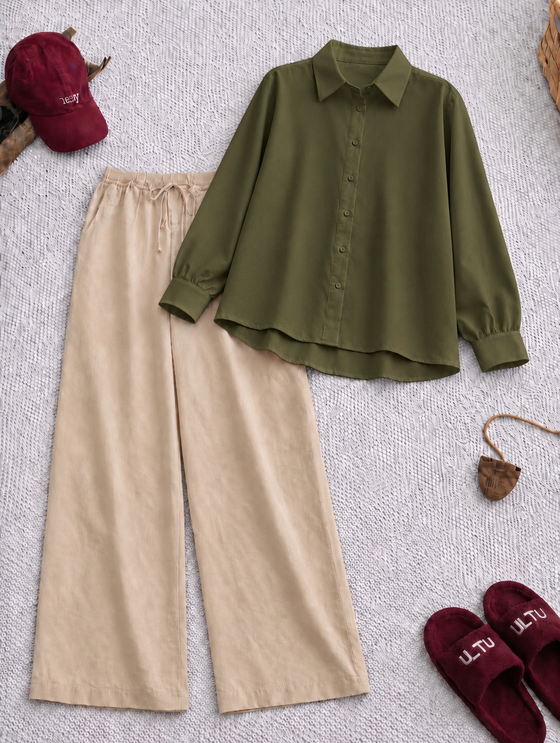Pack Of 2 Olive Button down with Beige Flapper Trouser