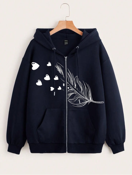 Feather Heart Navy Zipper Hoodie