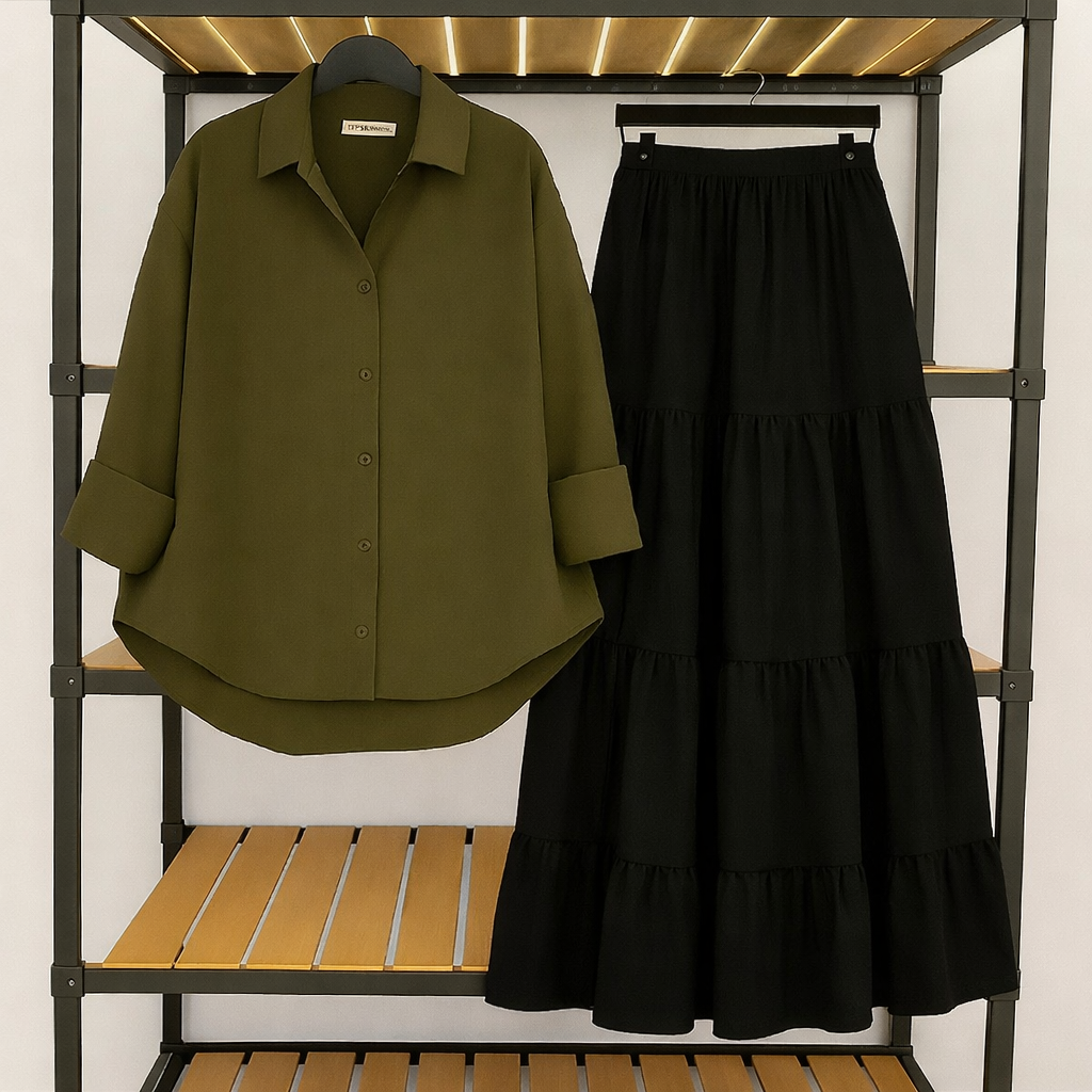 Pack Of 2 Olive Button down Shirt  with Black Three Tier Skirt