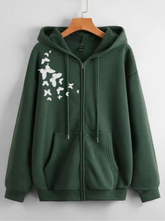 Shoulder Butterfly Green  Zipper Hoodie