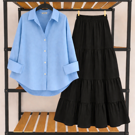 Pack Of 2 sky Blue Button down with Three Tier Skirt