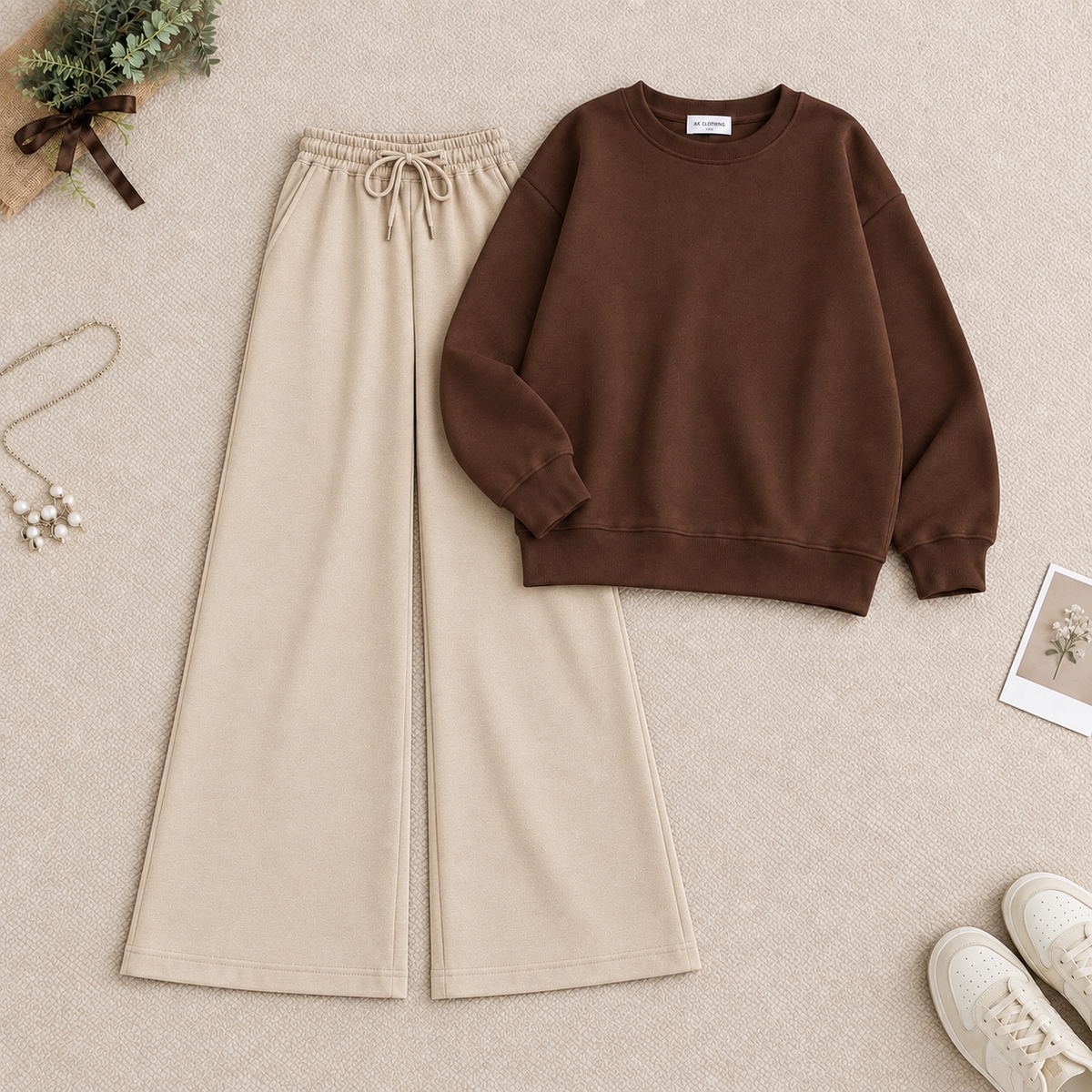 Brown Sweatshirt & Beige Flapper Trouser Tracksuit