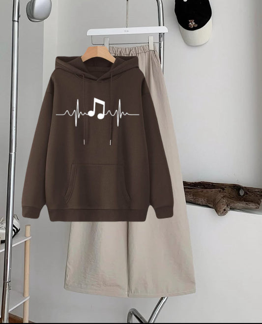 Pack of 2 Heart beat song Brown  hoodie with Beige Flapper Trouser