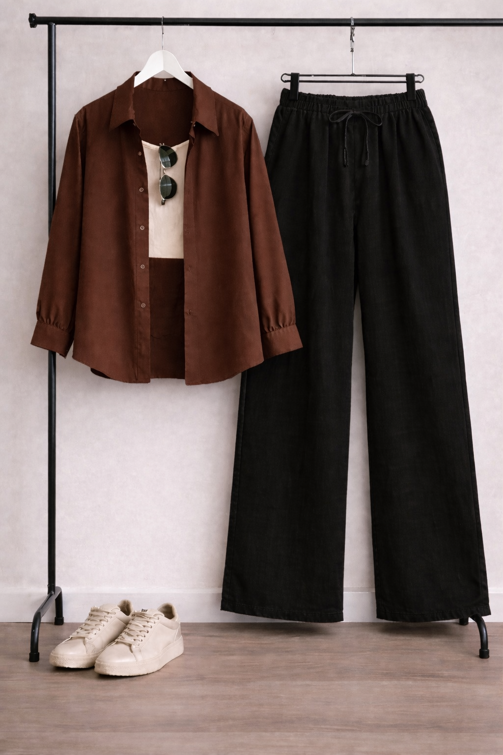 Pack Of 3 Brown Button down + Tank Top With Black Flapper Trouser