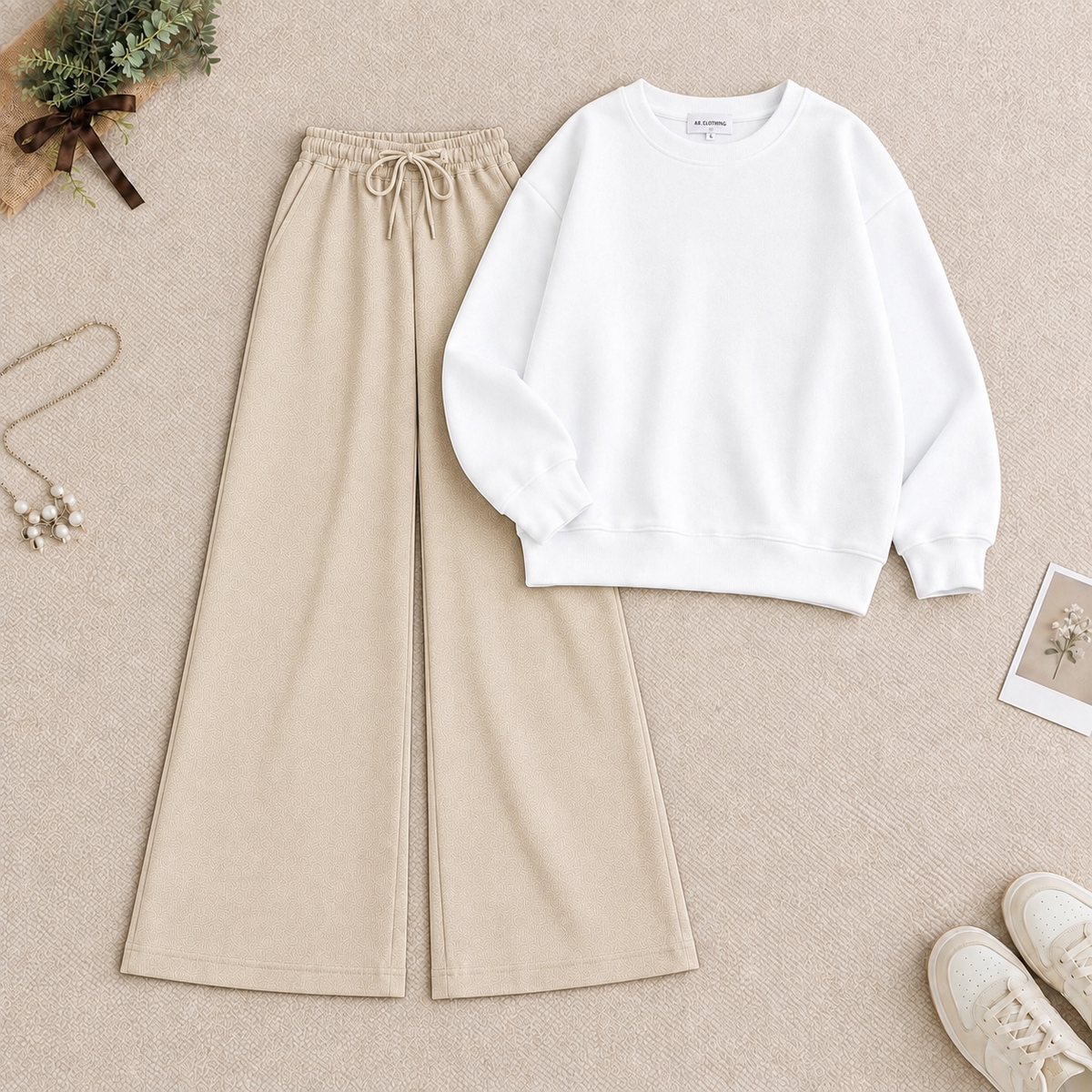 White Sweatshirt & Beige Flapper Trouser Tracksuit