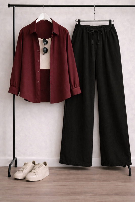 Pack Of 3 Maroon Button down + Tank Top With Black Flapper Trouser