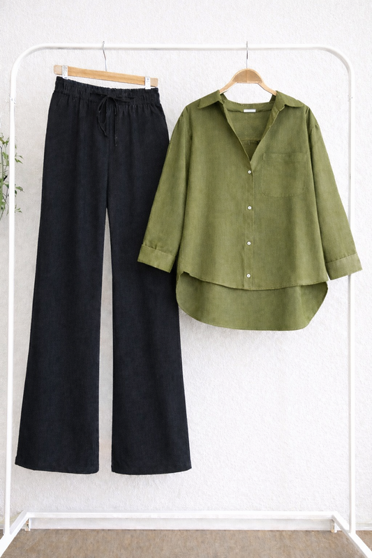 Pack Of 2 Olive Button down with Black Flapper Trouser