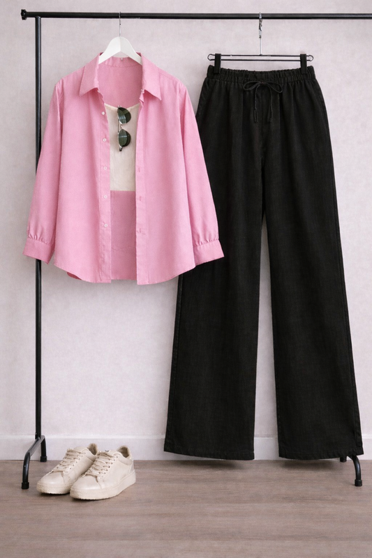 Pack Of 3 Pink Button down + Tank Top With Black Flapper Trouser