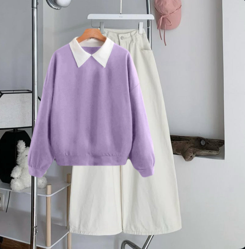 Lilac Collar Sweatshirt with White Wide-Leg Jeans – Premium Casual Wear