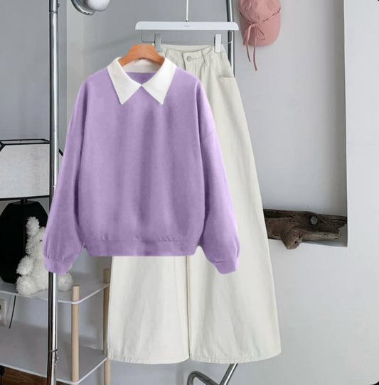 Lilac Collar Sweatshirt with White Wide-Leg Jeans – Premium Casual Wear