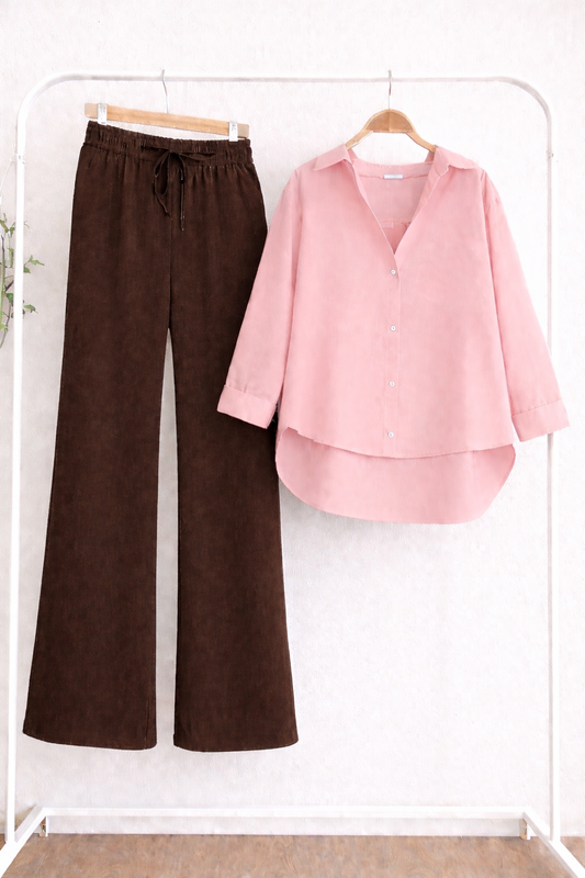 Pack Of 2 Pink Button down with Brown Flapper Trouser