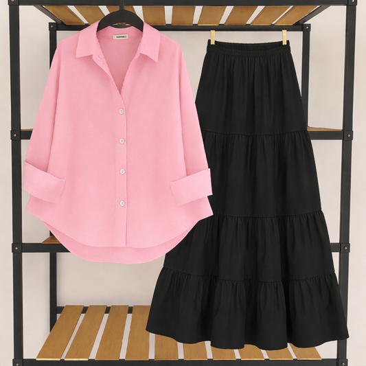 Pack Of 2 Pink Button down Shirt  with Black Three Tier Skirt