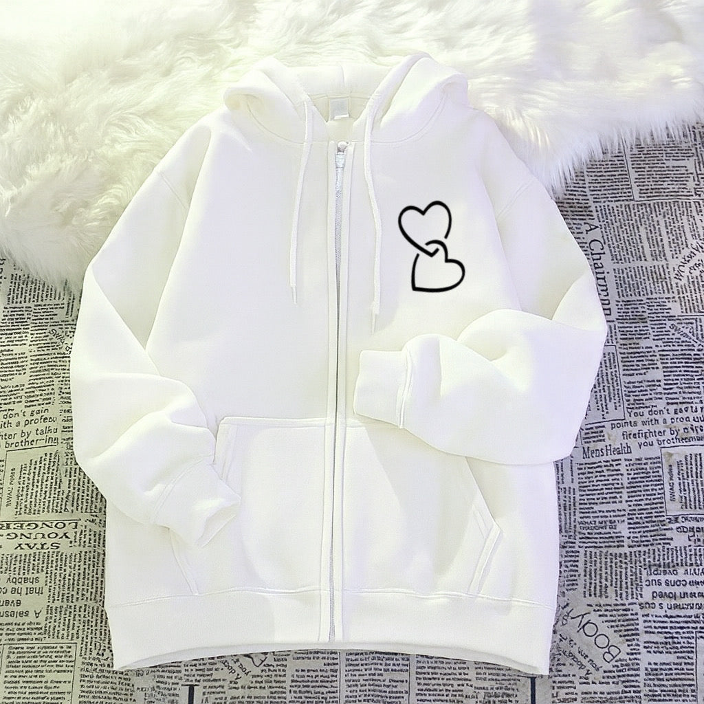 Twin heart white zipper Hoodie