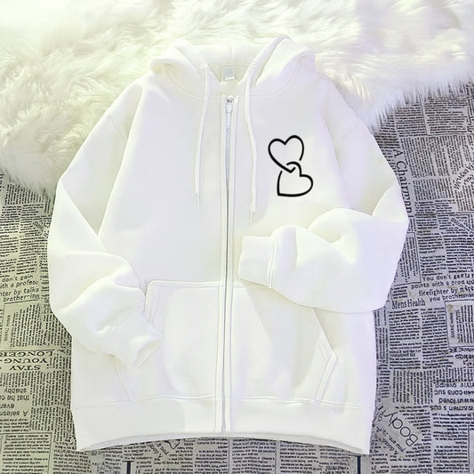 Twin heart white zipper Hoodie