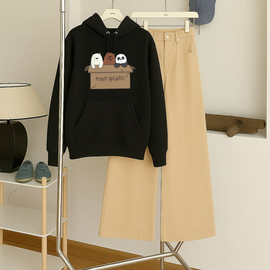 Free bear Black hoodie With Beige Wide leg jeans