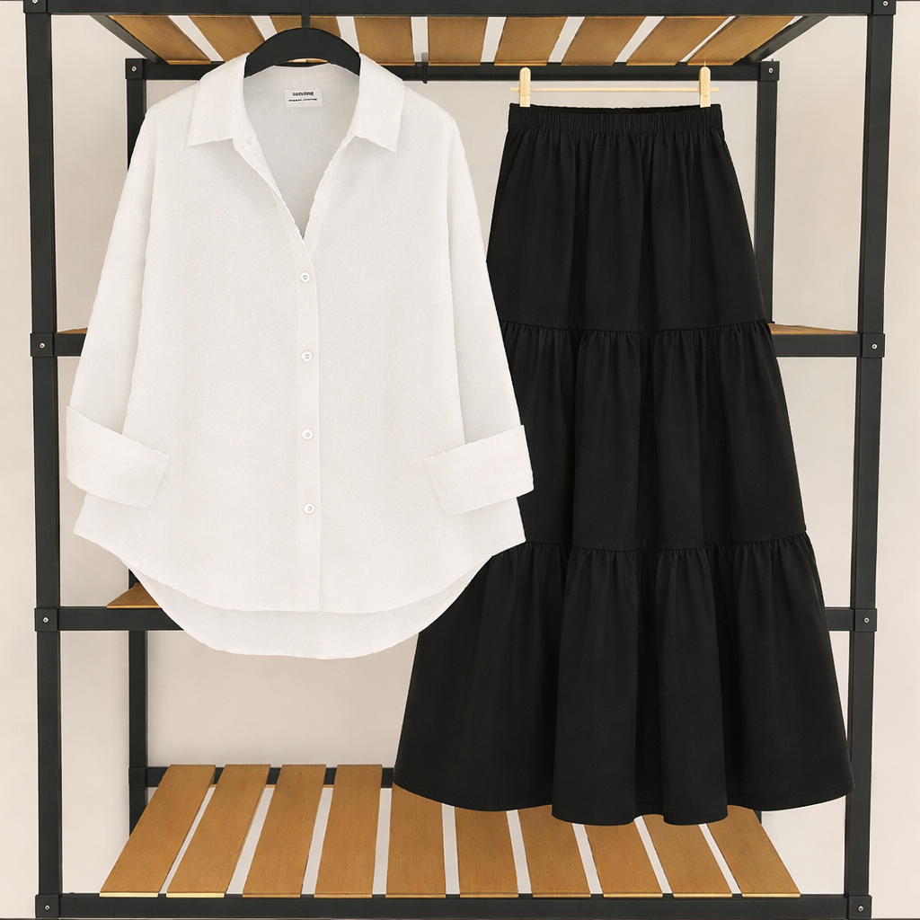 Pack Of 2 White Button down Shirt  with Black Three Tier Skirt