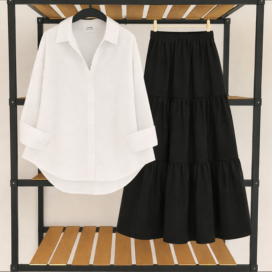 Pack Of 2 White Button down Shirt  with Black Three Tier Skirt