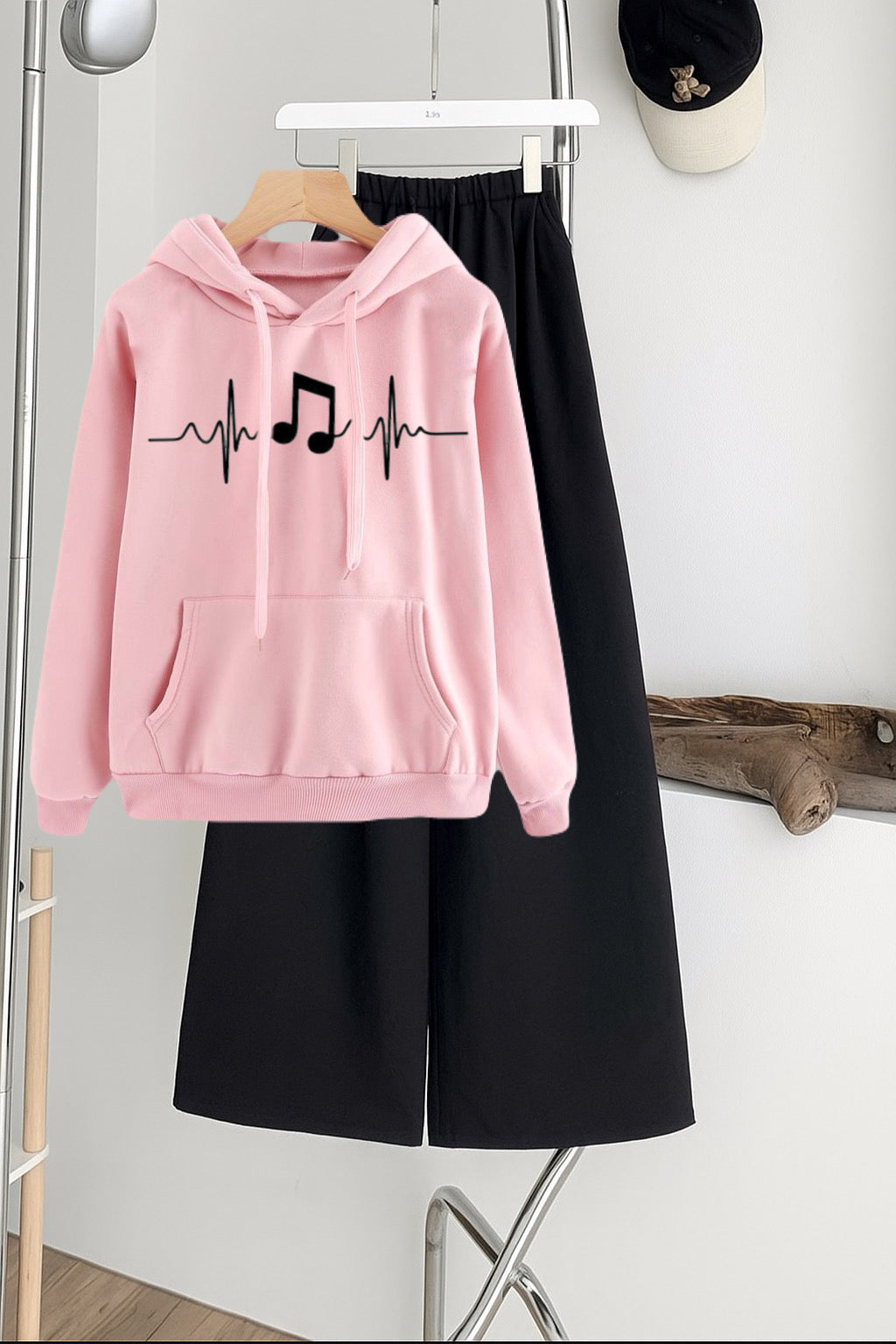 Pack of 2  Heart Beat Heart Pink   Hoodie  with Black  Flapper Trouser