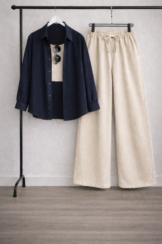 Pack Of 3 Navy Button down + Tank Top With Beige Flapper Trouser