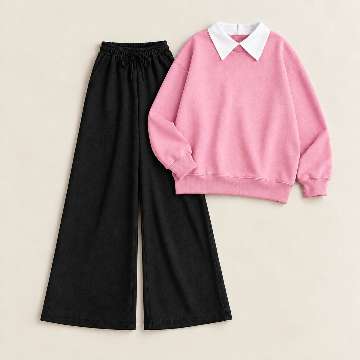 Pink Collar Sweatshirt & Black Flapper Trouser Tracksuit