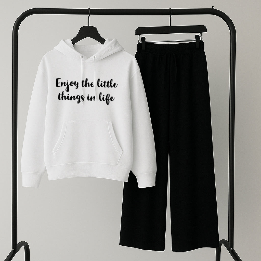 Pack of 2 Enjoy the little thing white hoodie with Black Flapper Trouser