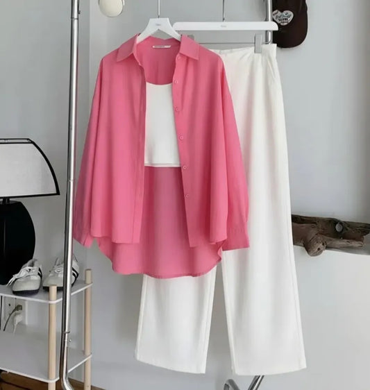 Pack Of 3 dark Pink Button down + Inner with White Flapper Trouser
