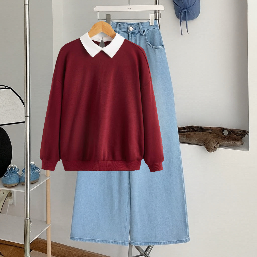 Maroon Collar Sweatshirt with Sky   Wide-Leg Jeans – Premium Casual Wear