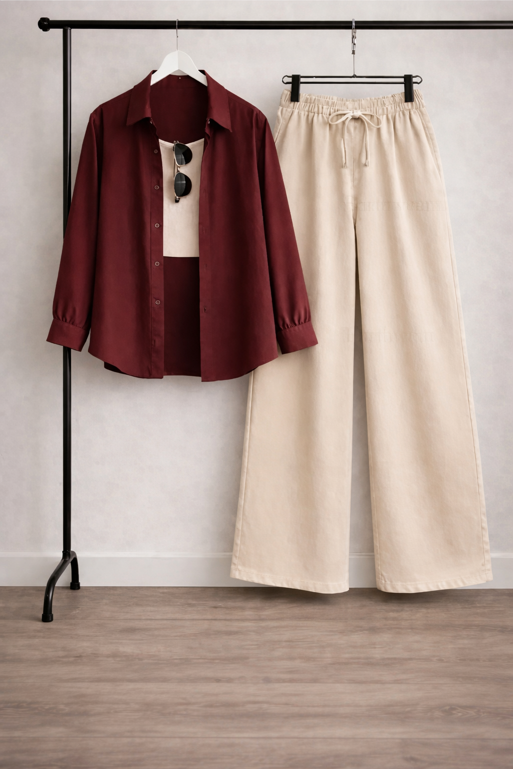 Pack Of 3 Maroon Button down + Tank Top With Flapper Trouser