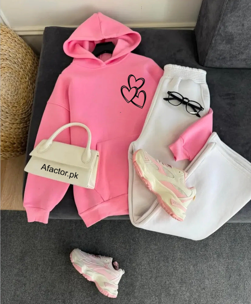Pack of 2 Heartsp Pink   Hoodie  with White  Flapper Trouser