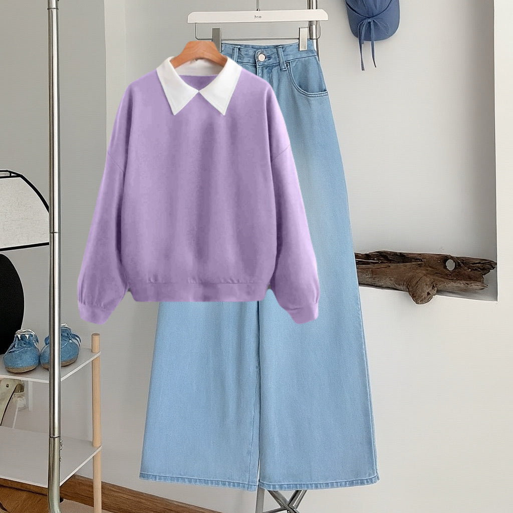 Lilac jo Collar Sweatshirt with Sky   Wide-Leg Jeans – Premium Casual Wear