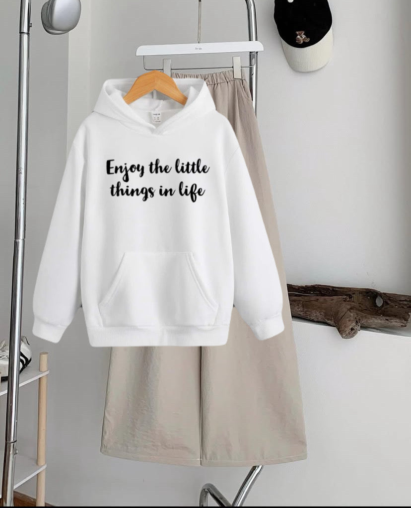 Pack of 2 Enjoy Slogan White  Hoodie  with Beige  Flapper Trouser