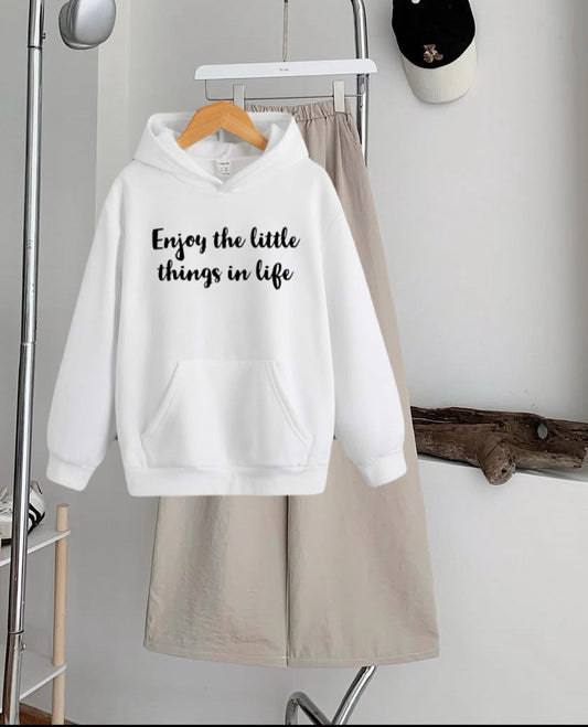 Pack of 2 Enjoy Slogan White  Hoodie  with Beige  Flapper Trouser