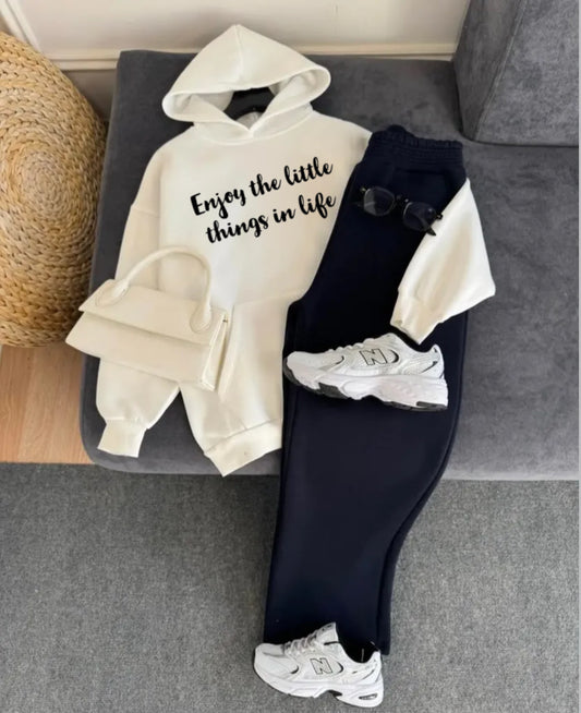 Pack of 2  Enjoy Little Thing  White Hoodie  with Black  Flapper Trouser