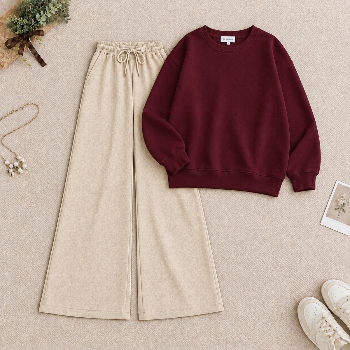 Maroon Sweatshirt & Beige Flapper Trouser Tracksuit