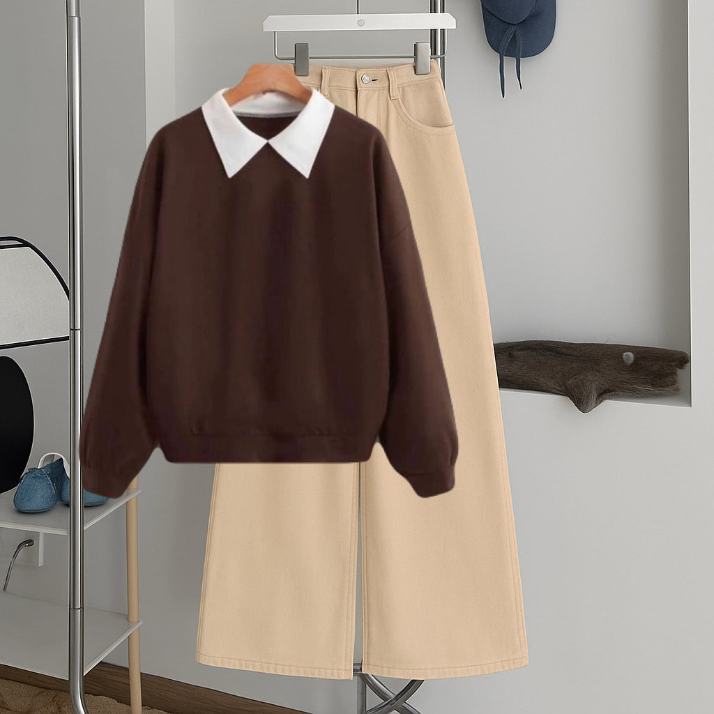 Brown Collar Sweatshirt with Skin  Wide-Leg Jeans – Premium Casual Wear