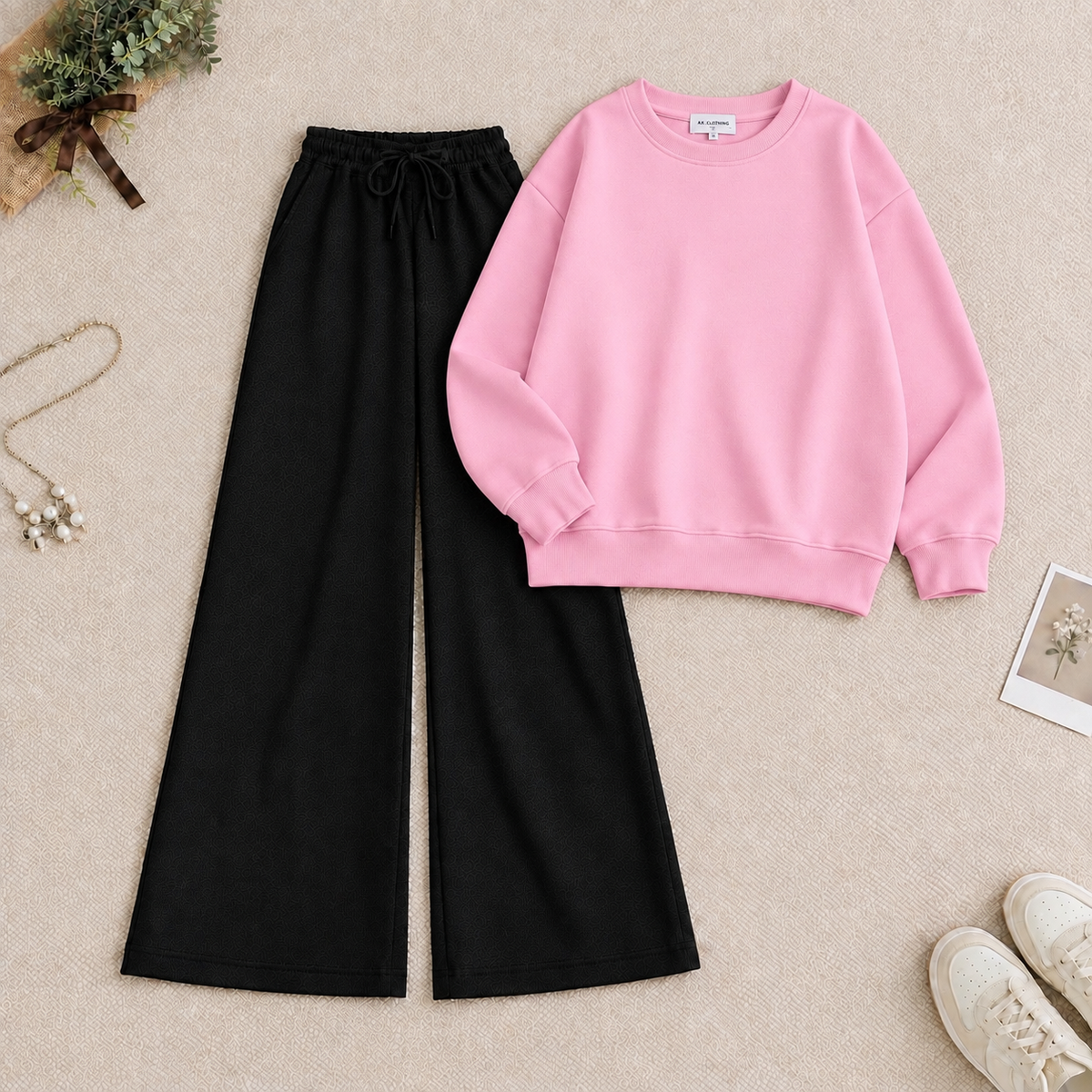 Pink Sweatshirt & Black Flapper Trouser Tracksuit