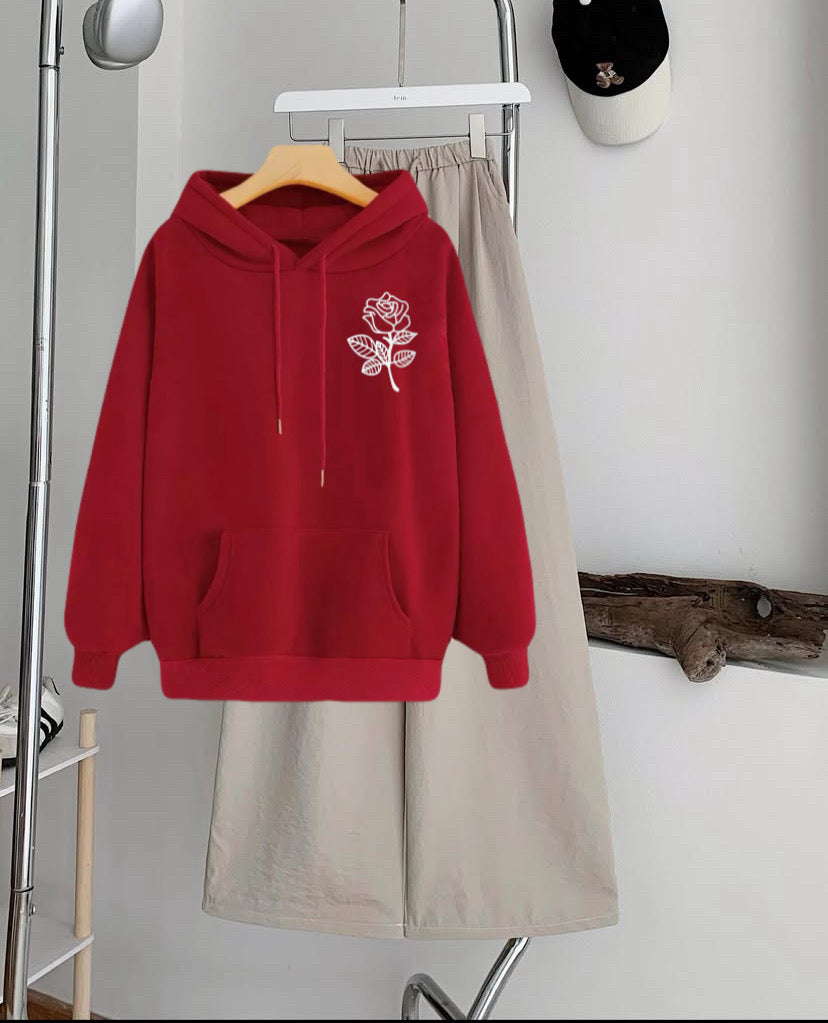 Pack of 2 Girl Rosep Red  Hoodie  with Beige  Flapper Trouser
