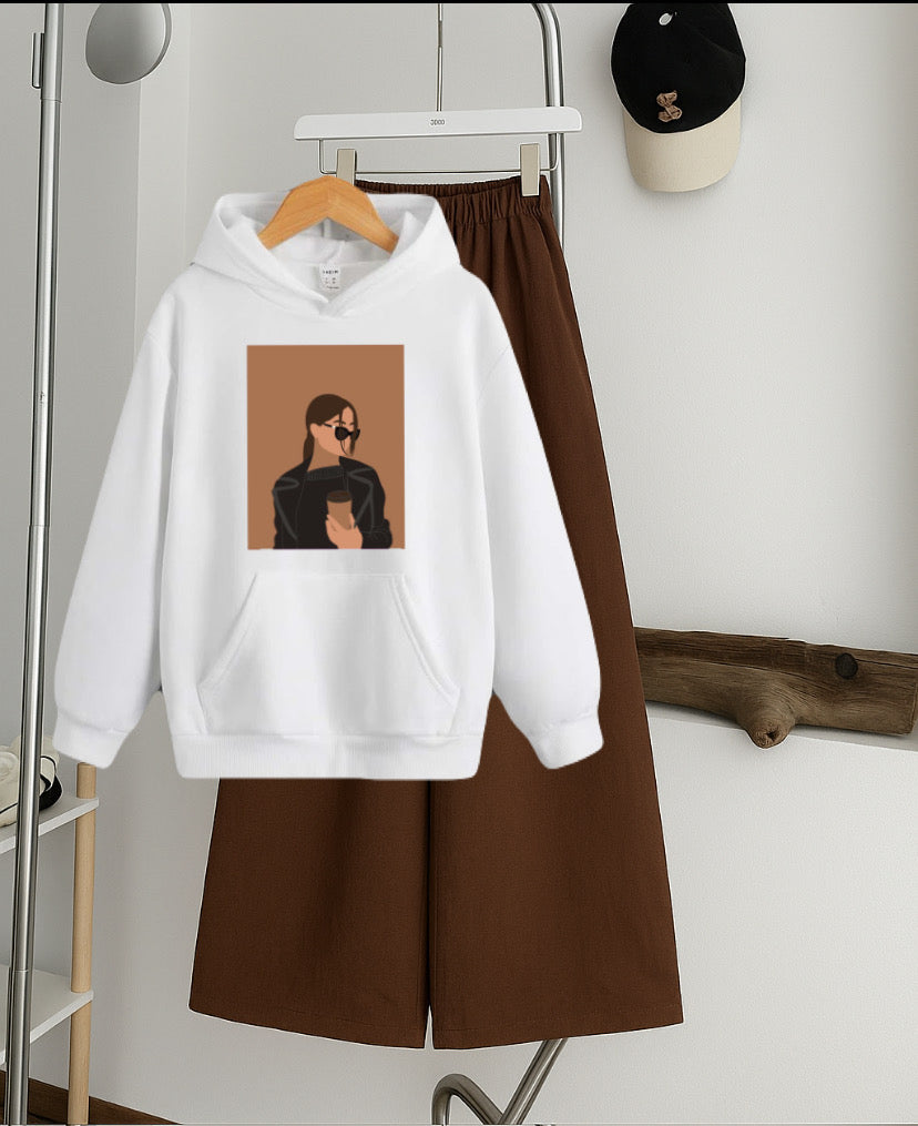 Pack of 2 Coffee girl White  Hoodie  with Brown   Flapper Trouser