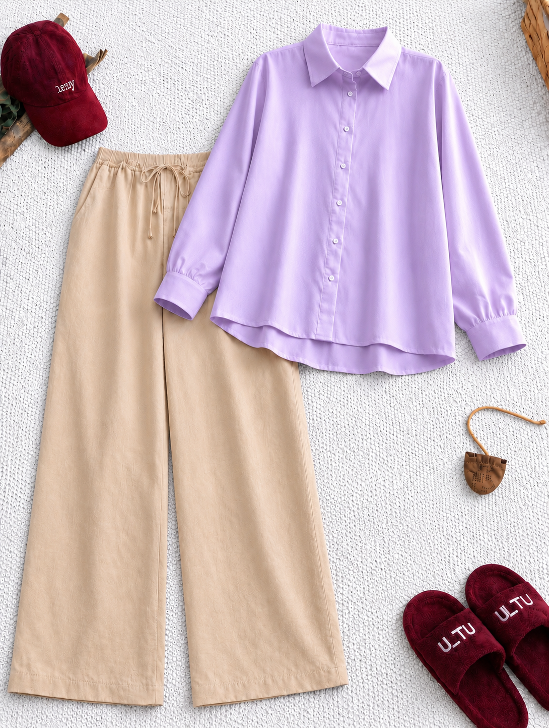 Pack Of 2  Lilac Button down with Beige Flapper Trouser