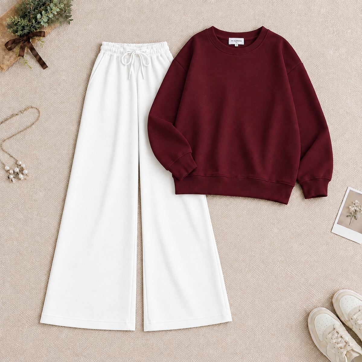 Maroon Sweatshirt & White Flapper Trouser Tracksuit