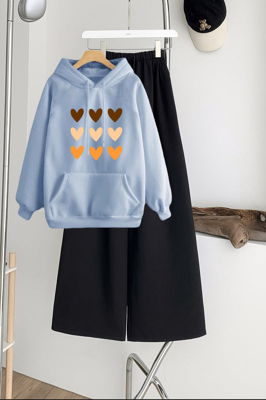 Pack of 2 multi hearts Sky   hoodie with Black Flapper Trouser