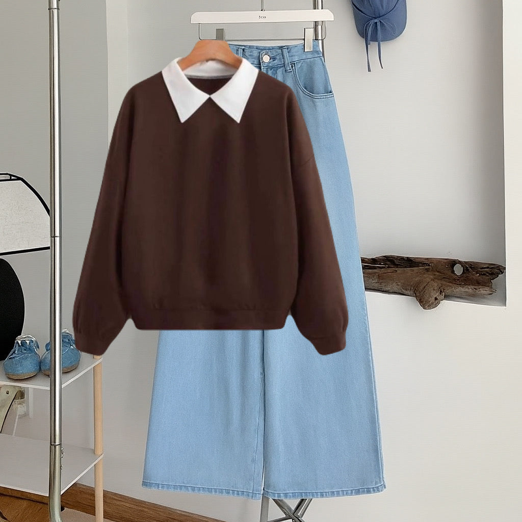 Brown Collar Sweatshirt with Sky   Wide-Leg Jeans – Premium Casual Wear