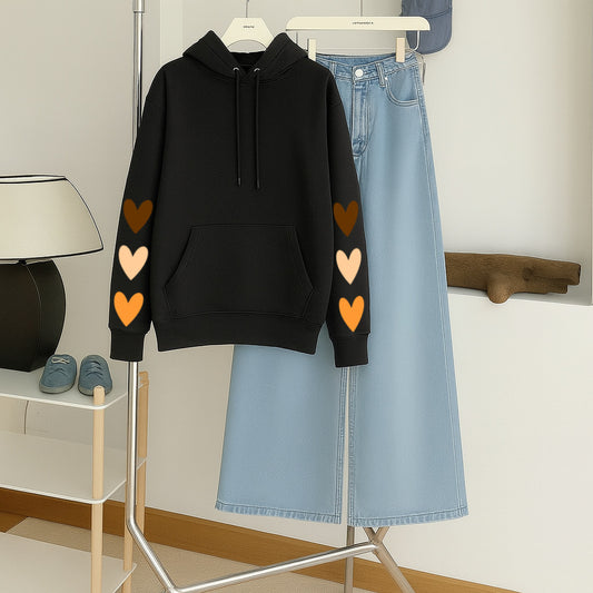 Black hoodie multi hearts with sky wide leg jeans