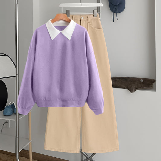Lilac Collar Sweatshirt with Skin  Wide-Leg Jeans – Premium Casual Wear